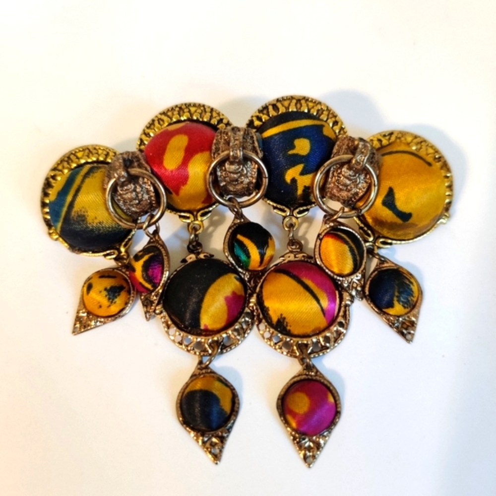 Vintage Statement Cascade Brass and Silk Artisan Brooch